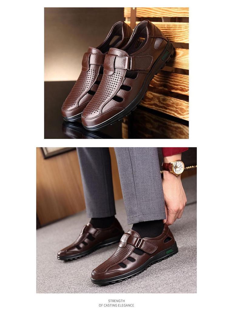Sandalias de Conducción de Cuero de Suela Blanda para Hombre - Business Casual, Diseño Hueco para Mediana Edad y Ancianos