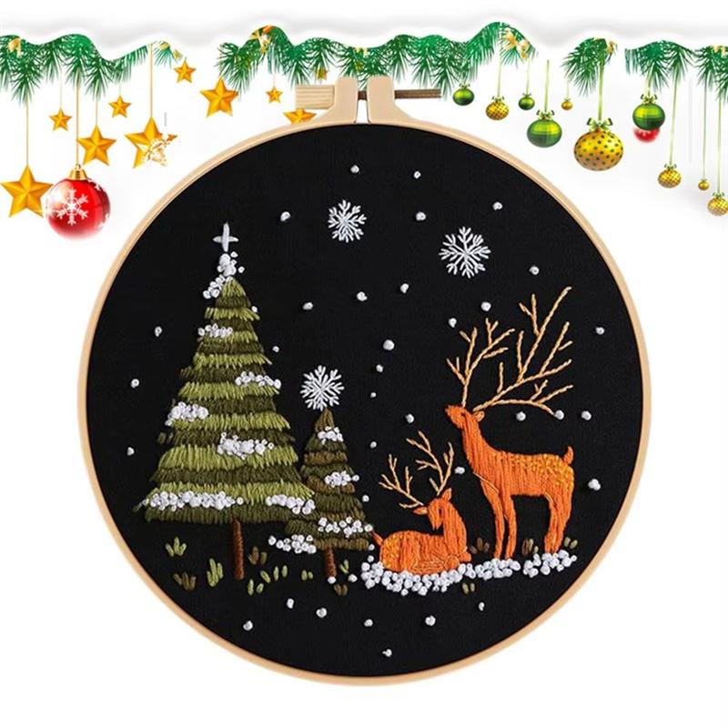 Snow Scene Embroidery Christmas Needlework Kit For Holiday Decorations For Kitchen Living Room Desktop Window Beginner Level A