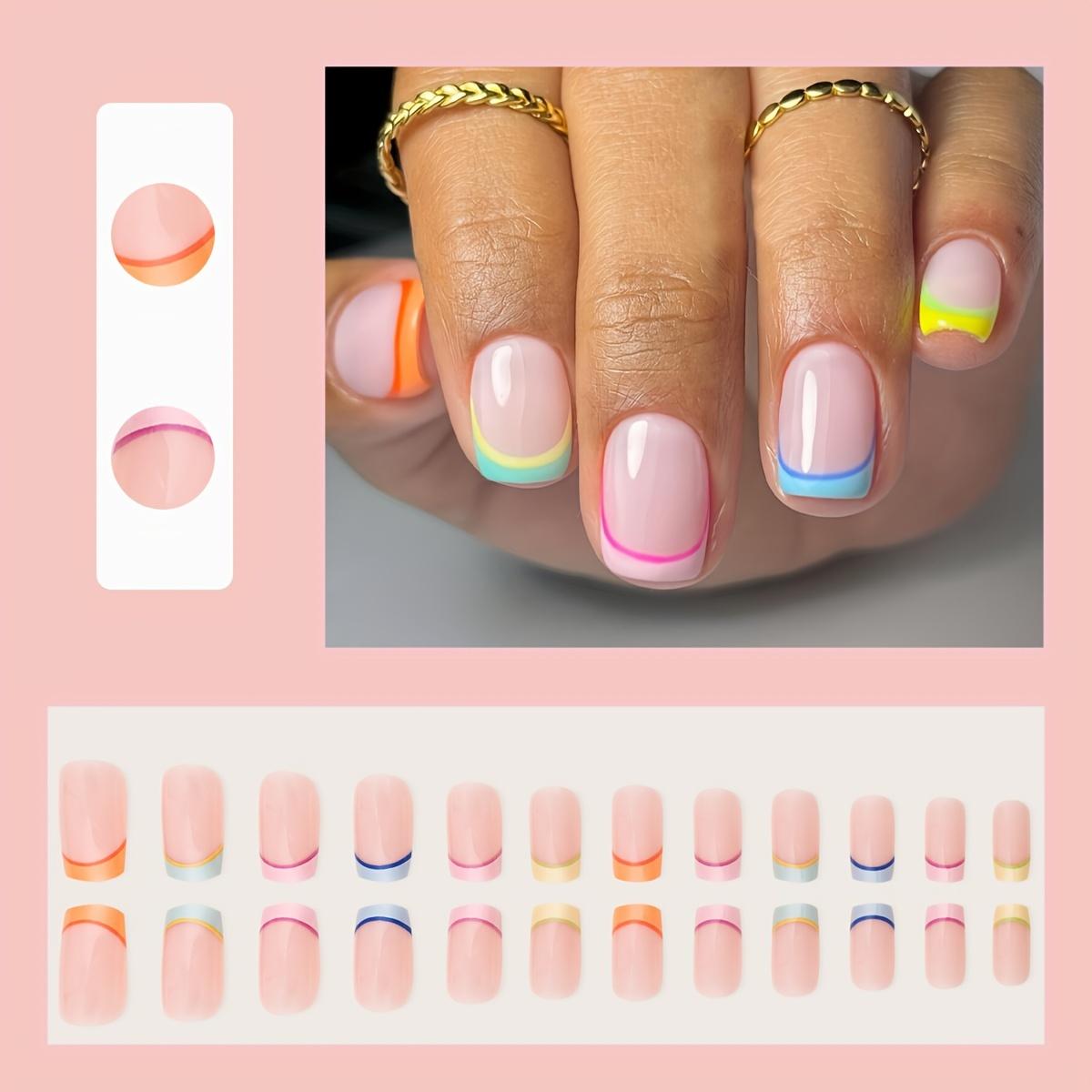 

24 шт. глянцевых коротких квадратных накладных ногтей, цветные французские типсы, накладные ногти в минималистичном стиле с полным покрытием для женщин и девочек Imported ABS