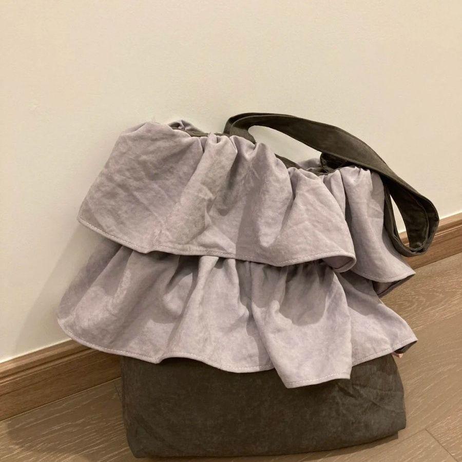 Single-shoulder Bag with Contrasting Colors, Ruffled Edges and Flower Bud Bag, Cute Style, Large-capacity Tote Bag