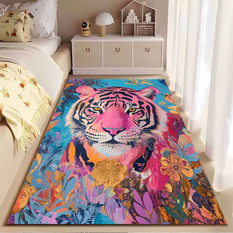 Colorful Tiger with Floral Art suitable as a non-slip mat for the living room or bedroom sofa