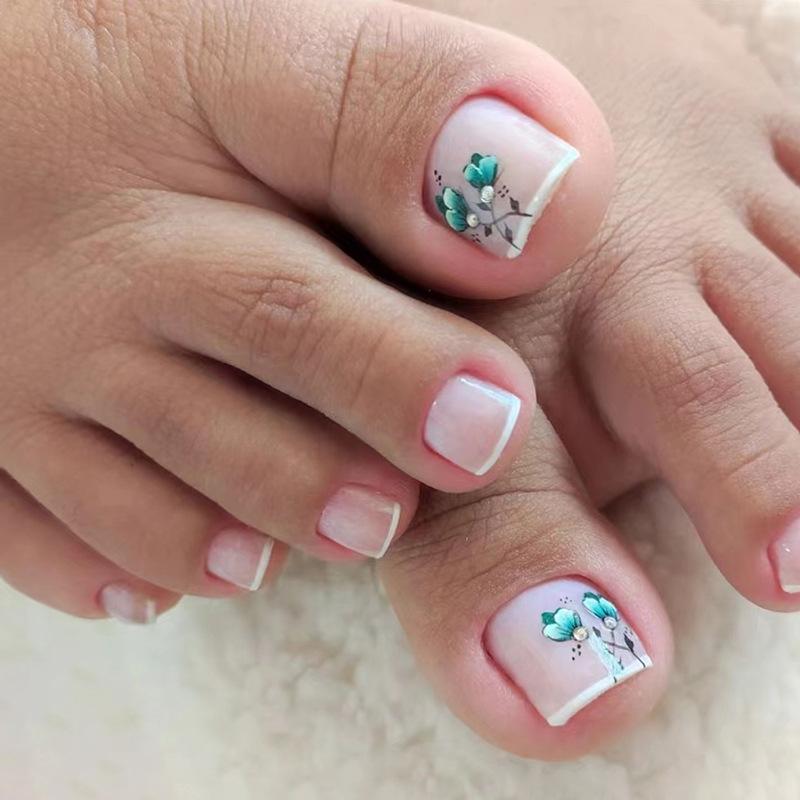 24pcs Glitter False Toenails Sweet Pink Artificial Nails for Feet DIY French Style White Edge False Toenails Detachable Wearable