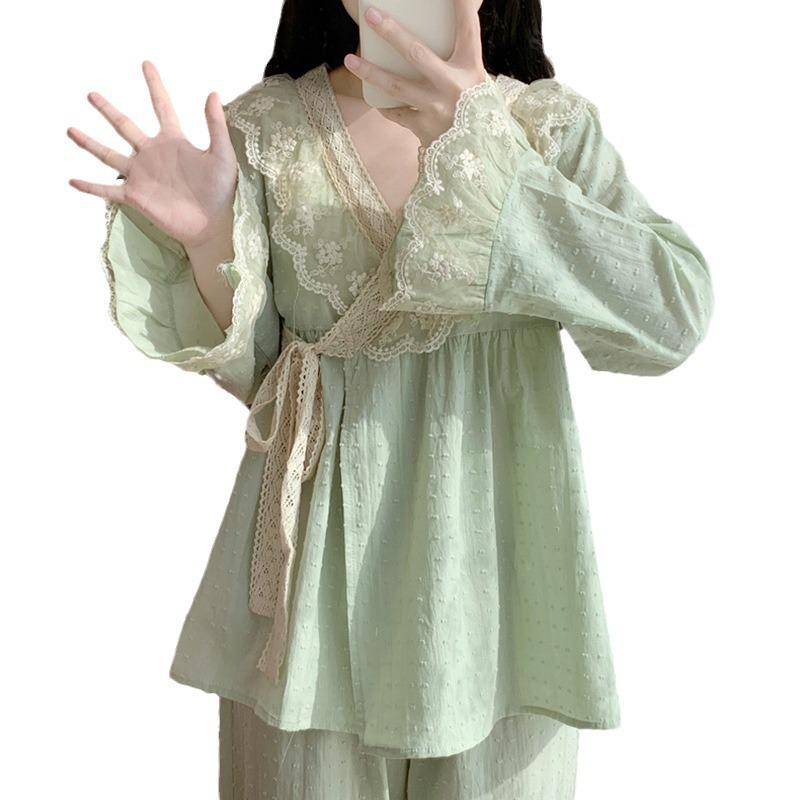 Women's Autumn Princess Style Long Sleeve Pajama Set - Sweet Retro Kimono Design