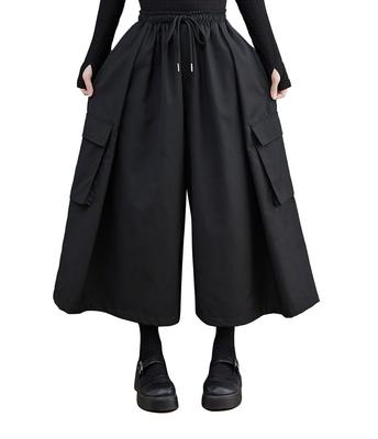 KOXIFLI Hakama Cropped Elastic Plus Winter Women's Wide-Leg Pants, Length, Black, Waist, Sizes, Spring, Autumn, (Size M, Black)