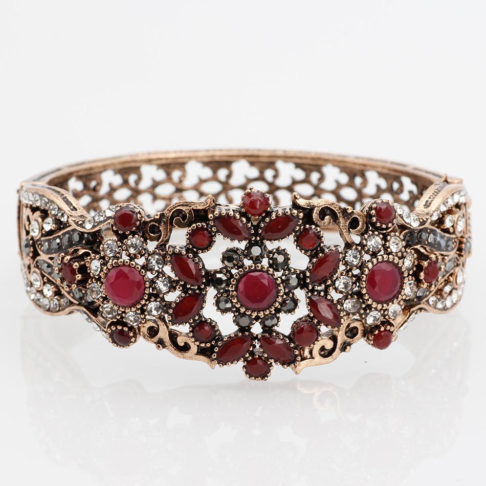 Sunspicems Chic Turkish Bangle Cuff Bracelet for Women Antique Gold Color Rhinestone Flower Bracelet Arab Bride Wedding Jewelry