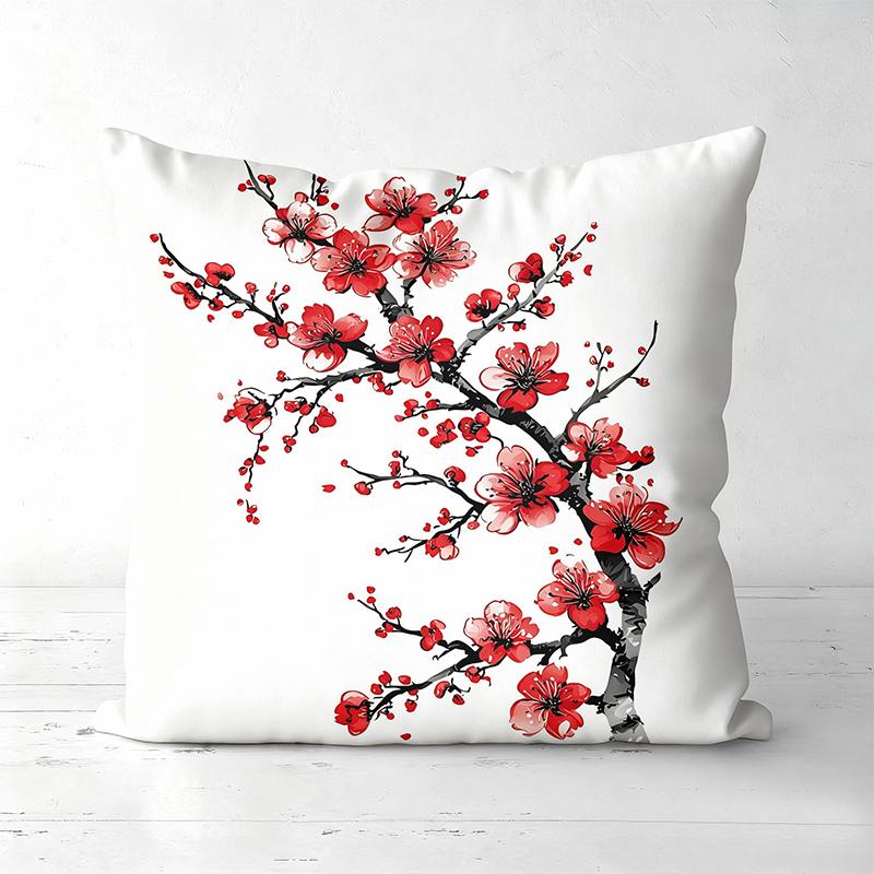 Red Plum Blossom Patterned White Cushion Pillow Covers Polyester pillowcase, sofa decorative cushion cov Headboard Pillow
