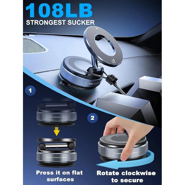 Strong Magnetic Car Phone Holder Foldable 360° Adjustable Vacuum Suction Mount Universal for Car, Desk, Bathroom