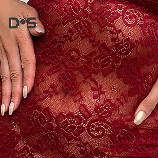 Women Night Dress See through Lace Sheath Skinny Thin Short Sleeve Low cut V Neck Flower Embroidery Pure Color Seductive Mini Nightgown