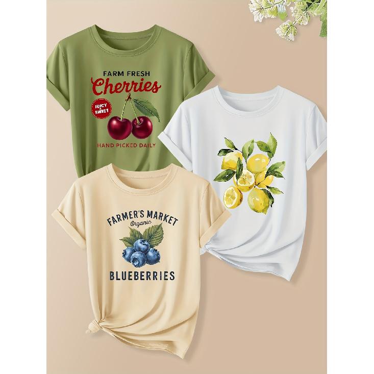 3Pcs Women Short Sleeve T Shirt Set Natural Plant Fruit And Letter Print Retro Round Neck Cute Fashion Tops
