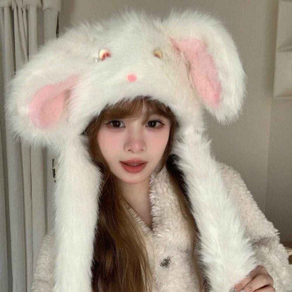 Windproof Rabbit Ears Warmer Hat Little Rabbit Fluffy Ear Protection Cap Winter Plush Hat Shopping
