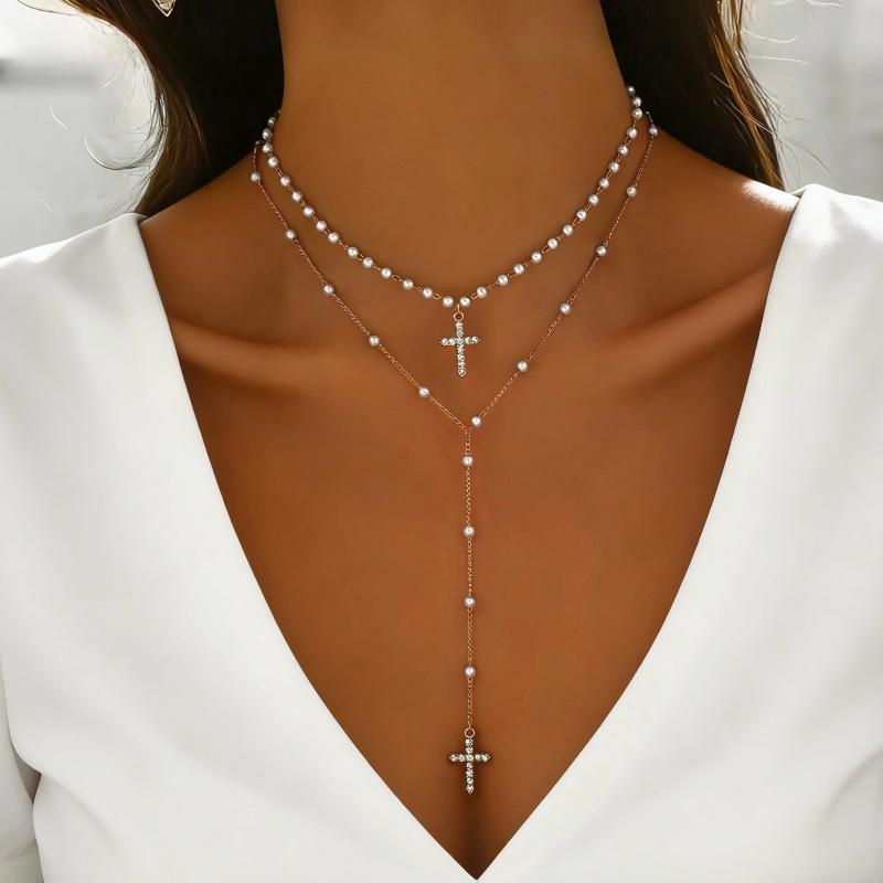 European-American Cross Pendant Pearl Necklace, Y-shaped Multi-layer Clavicle Chain, Trendy Accessory for Bold Style