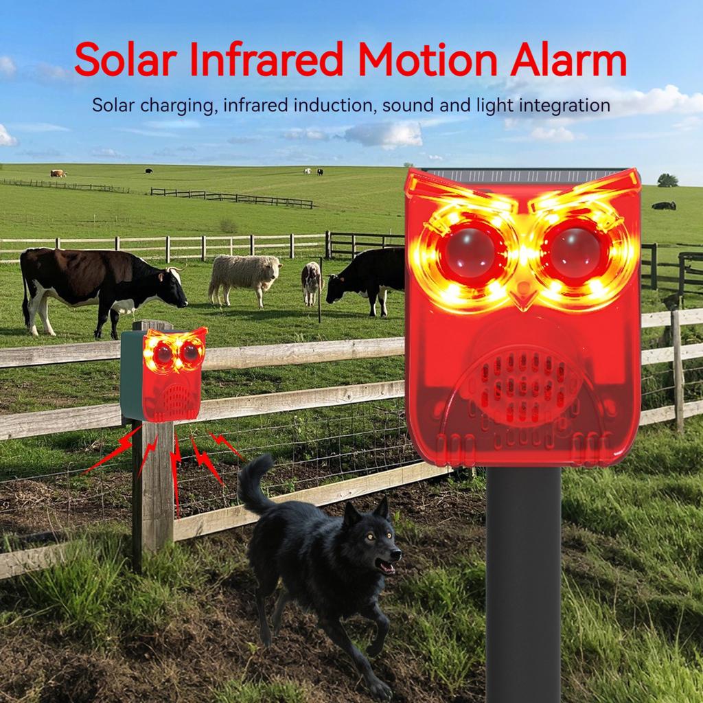 Solar Outdoor Motion Sensor Alarm Dog Barking&Gunshot Sound Loud Noise Maker Deter Raccoons Deer Skunks Bears and Coyotes