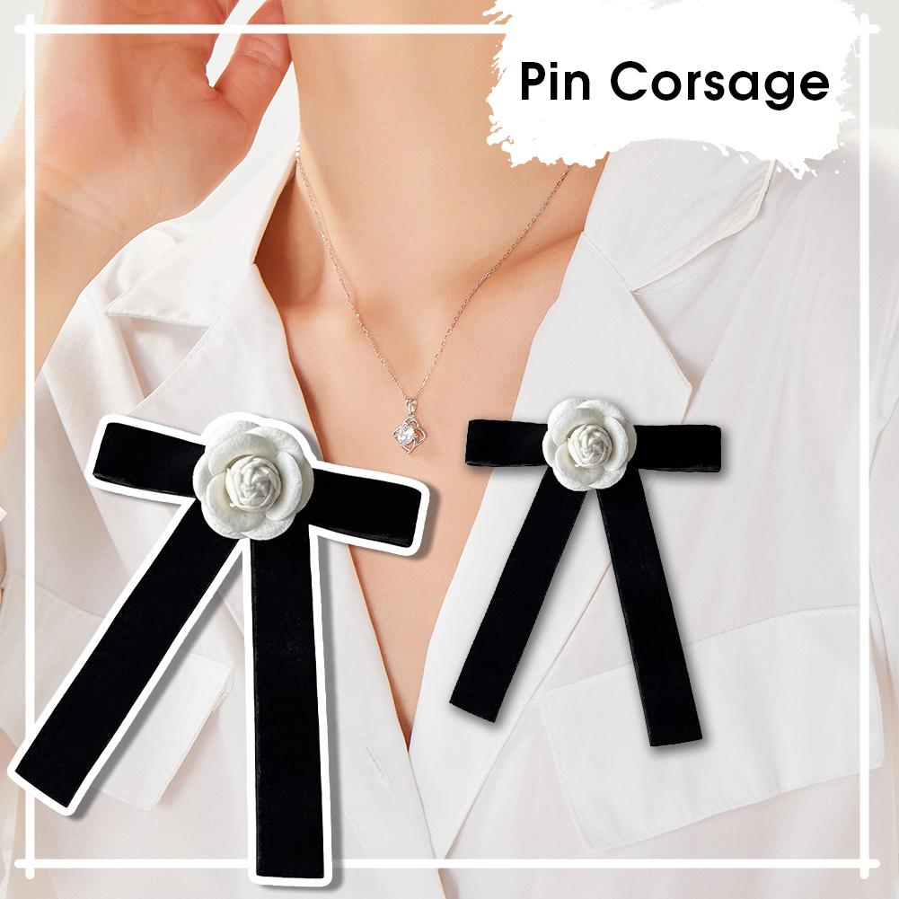 Camellia Flower Brooches Pin Pre-Tied Bowknot Pin Collar Neck Clips Wedding Party Bow Tie Neck Tie Lapel Pins for Women Girls