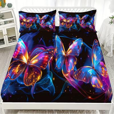 3pcs Butterfly Flat Sheet 3D Printed Colorful Butterflies Fitted Sheet Sets With Pillowcases No Filling Dramatic Vivid Visual