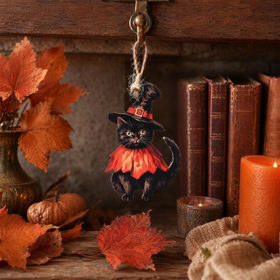 Vintage Wooden Witch Cat Pendant Halloween Hanging Ornament, Decorative Pendant, Rustic Pumpkin Ornament Cute Holiday Party Favors for Tree And