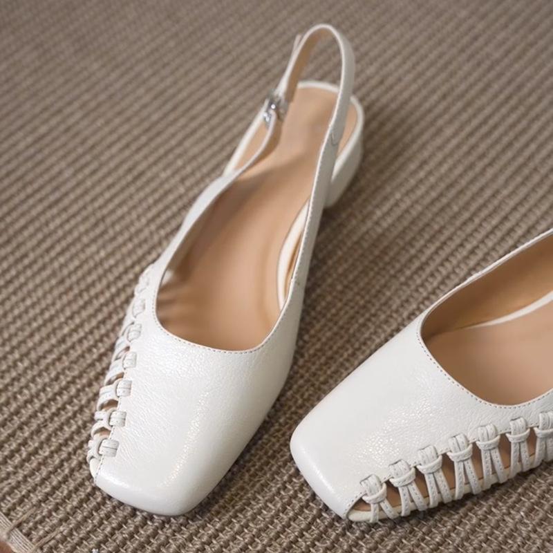 

Sheepskin version~ French design sense woven bag head sandals women s summer wear fashion word with back empty thick heel single shoes 35