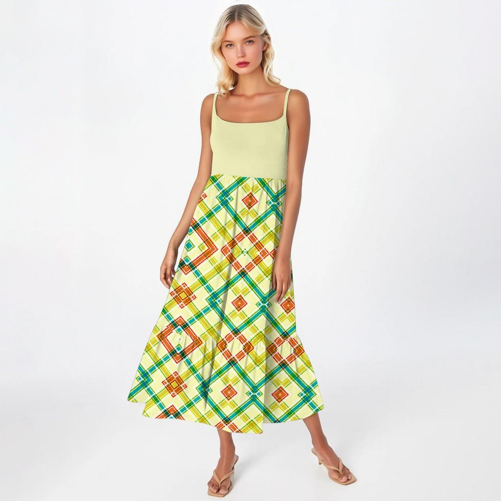 Women's Long Beach Casual Elegant Spaghetti Strap Maxi Dress Plaid Print Low-key Flowing Bohemian Dress