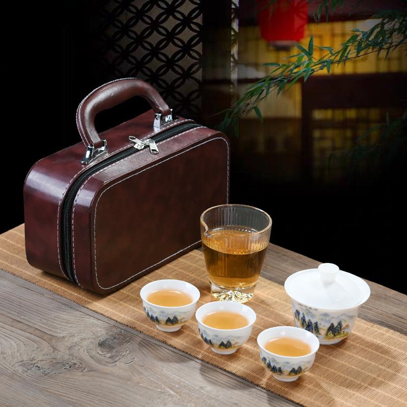 Suet Jade Porcelain High-end Travel Tea Set Cover Bowl Teacup Business Leader Customer Teacher Father Commemorative Gift