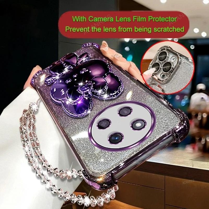 For Honor Magic 7 6 5 4 Lite 3 Pro Plating Four Corners Anti-fall Silicone Soft Case Mirror Rabbit Stand Clear Bead Chain Cover