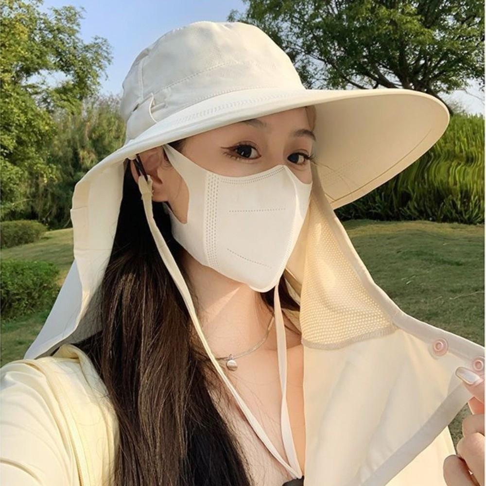 Casual Caps Mask Set Sunscreen Sun Hat Wide Brim Neck Flap Bucket Hat Adjustable Rope Visor Fisherman Hat Camping