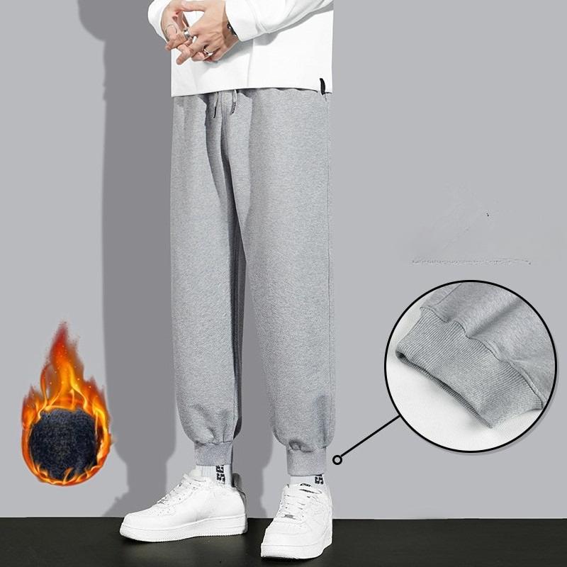 Men's Autumn Winter Plus Size Korean Style Loose Cuffed Sweatpants Straight Leg Casual Running Fleece Lined Knit Long Pants