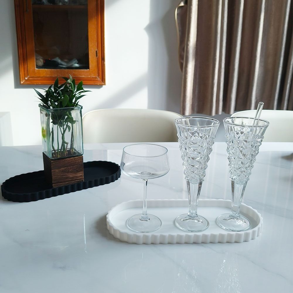 Durable Silicone Oval Storage Tray Wave Edge Decorative Vanity Storage Tray Marble Pattern Lace Oval Tray for Kitchen