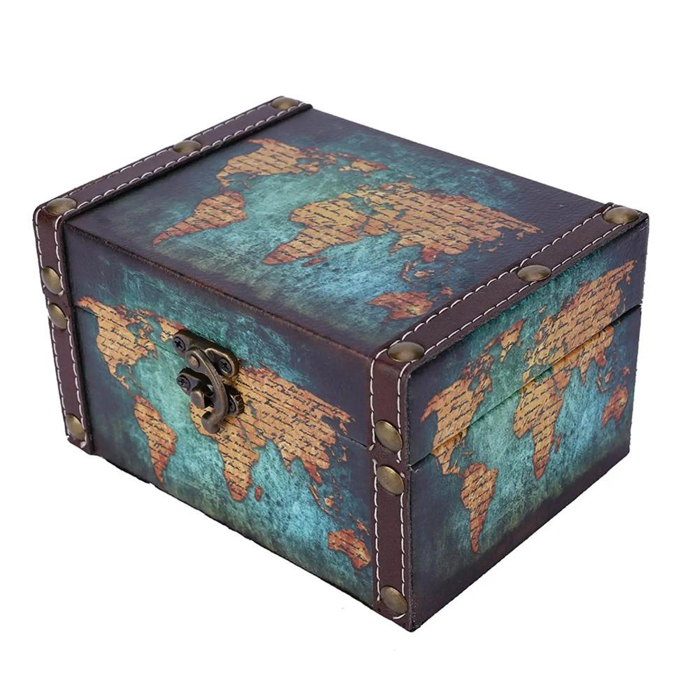 

Wooden Treasure Chest Storage Box European Style Vintage Jewelry Organizer Display Box Desktop Ornaments for Photographic Prop Option