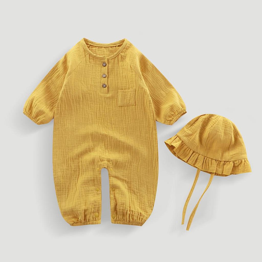Hooded Baby Summer Romper: Double Layer Gauze, 100% Cotton, Solid Color, Breathable and Sweat-Absorbent - Ideal for Crawling and Casual Wear