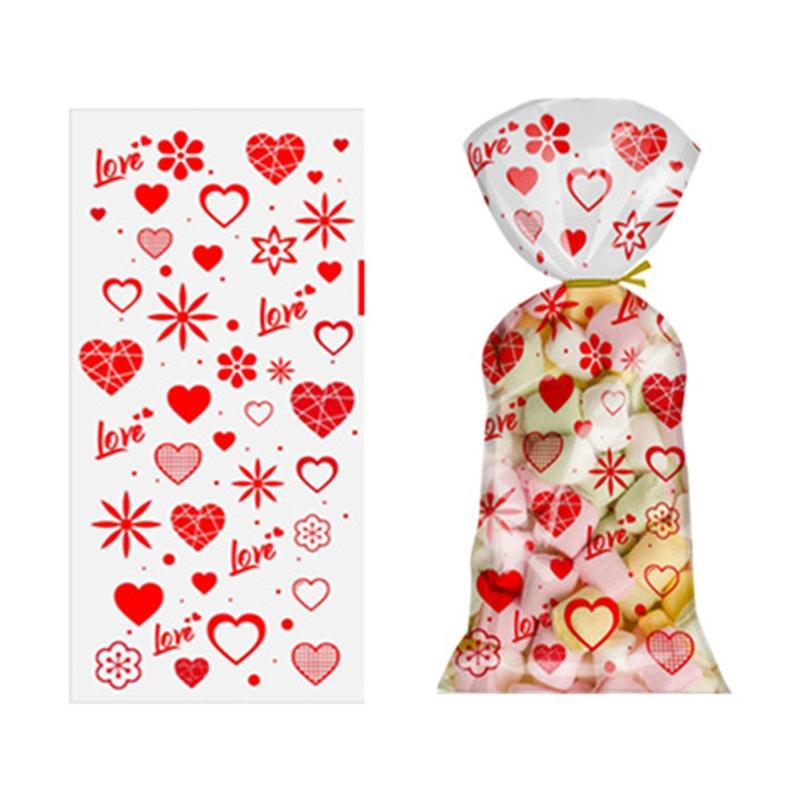 100 Stück Zellophantüten in Herzform zum Valentinstag mit Drehverschlüssen, für Feiertage, Leckereien, Schokoladentüten, Kekstüten, Geschenke