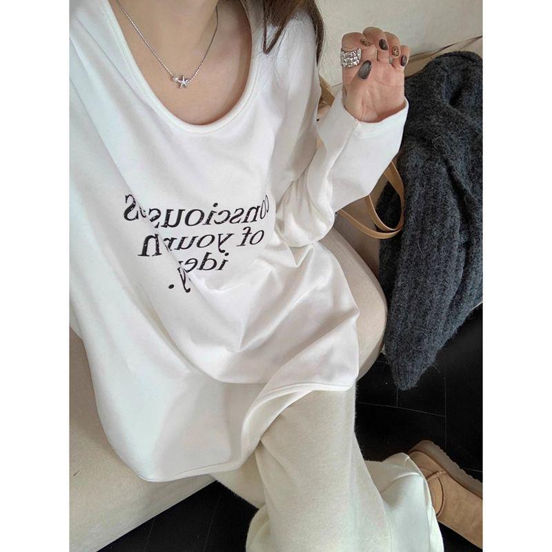 

Women s White Letter Print Long Sleeve T-shirt with Velvet Lining - Round Neck Slim Fit Top for Autumn/Winter S білий