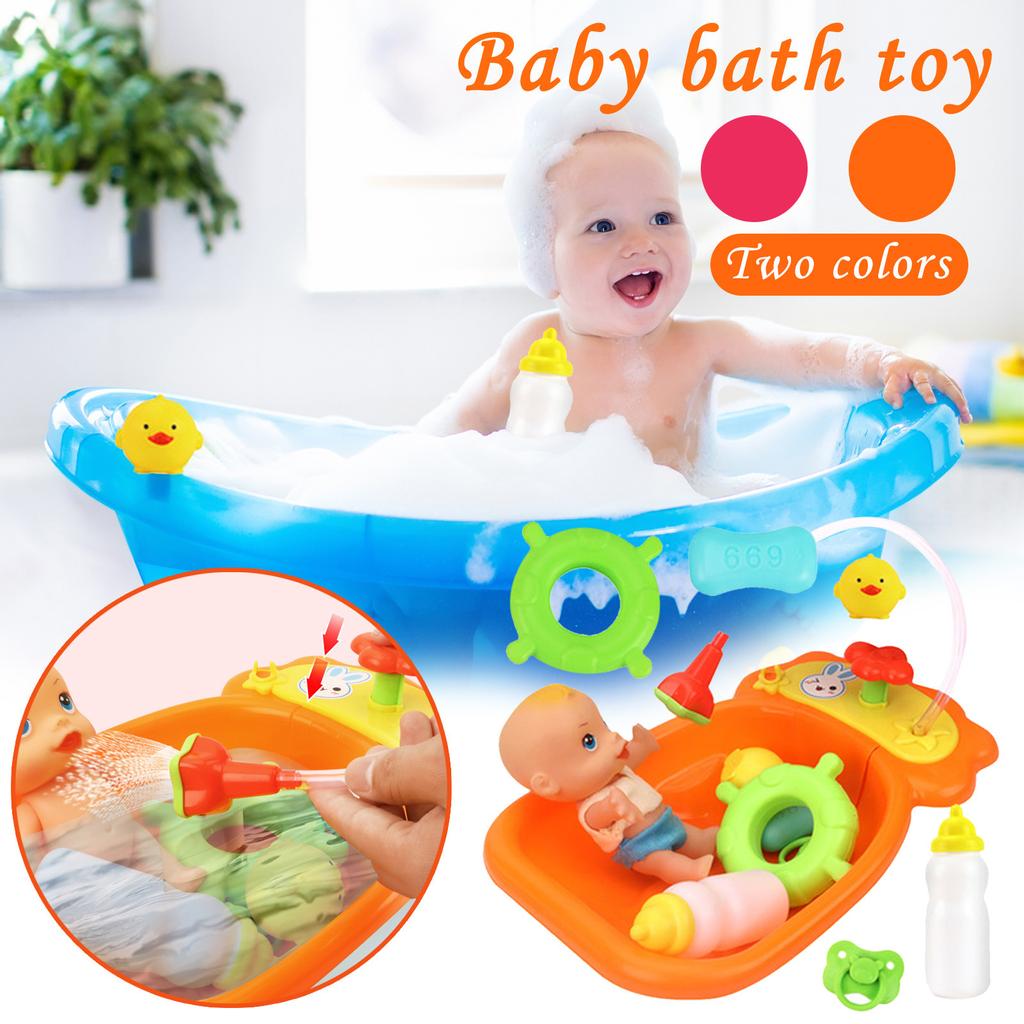 Kids Plastic Bath Tub Doll Set Pretend Role Play Toy with Shower Accessories