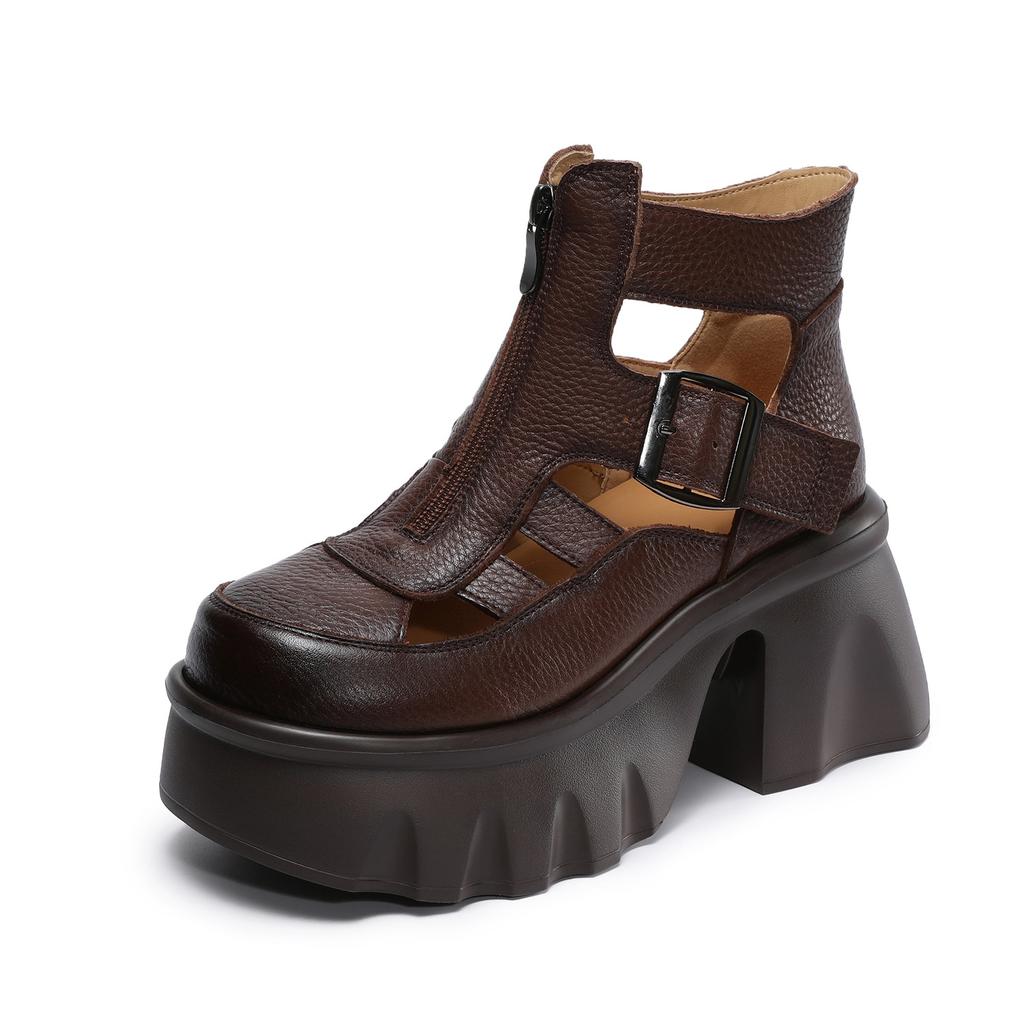 Johnature Sandale Romane Retro Piele Naturală Platformă Groasă Fermoar Botine Decupate Femei