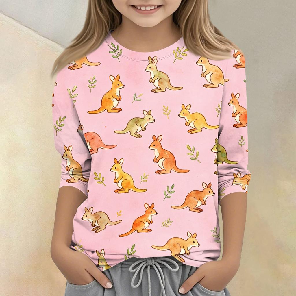 Kinder Tierdruck Rundhals Dreiviertelarm Lässiges T-Shirt Weicher Bequemer Stoff Leichtes Design Geeignet für den Alltag