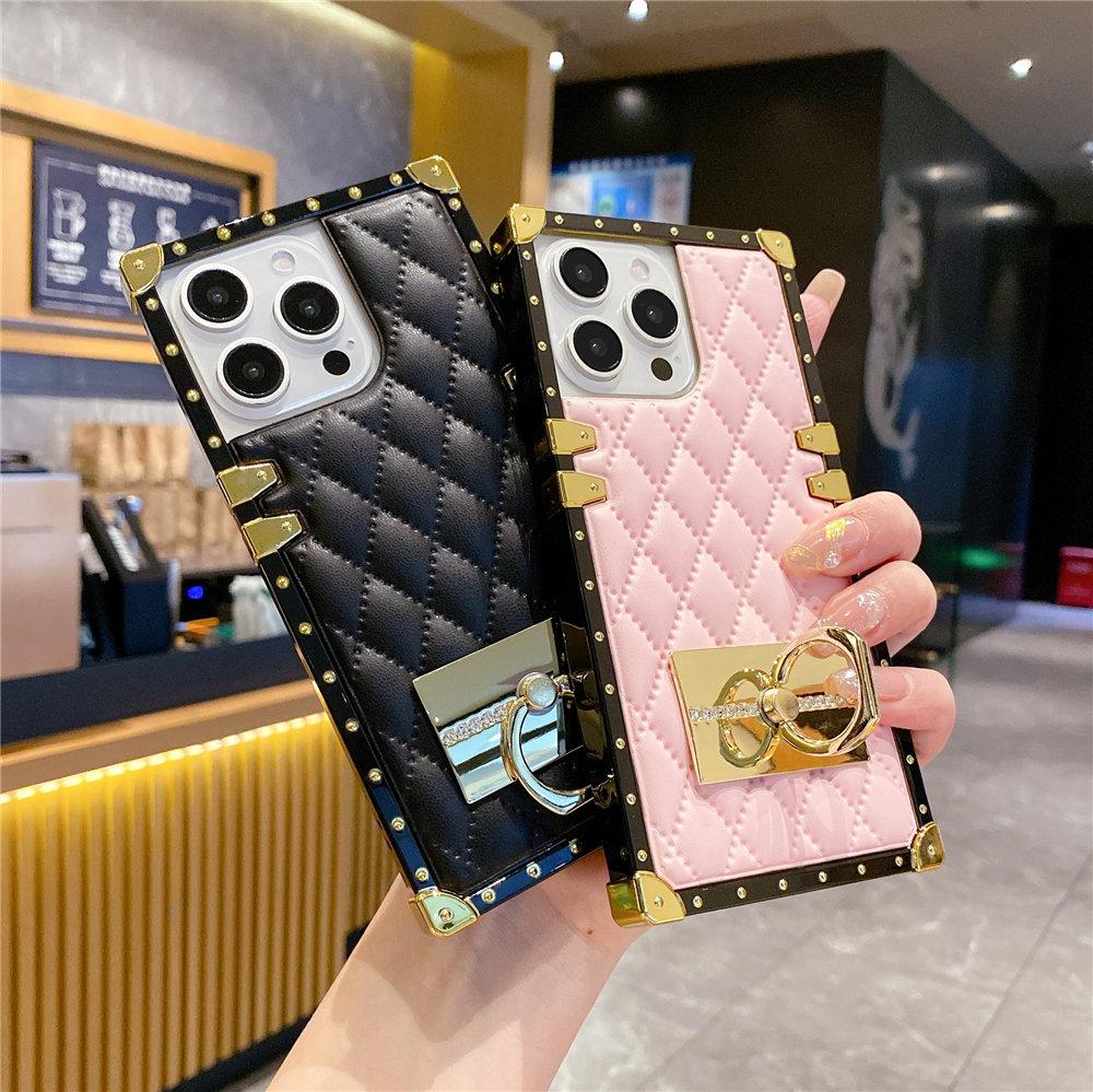 Modische rautenförmige Leder-Handyhülle mit Goldplattierung für iPhone 16 15 Pro Max 14 Plus 13 12 11 XR Hülle mit Ringhalter