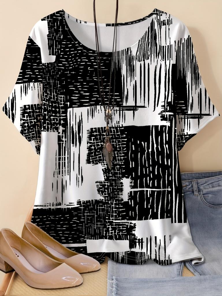 Women O-Neck T-Shirt Fashion Short Sleeves 3D Print Geometry Tops Casual Loose Korean-Style Fashion Street 2026 Summer Clothes