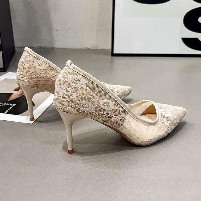 Sexy fashion temperament versatile high heels women's new summer breathable lace mesh women's shoes pointed single shoes