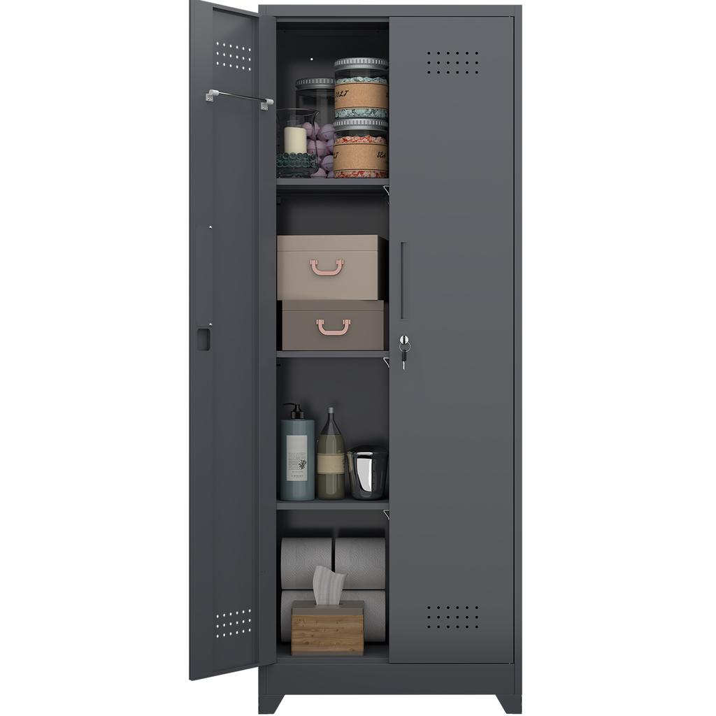 Broom Storage Cabinet With Locking Doors And Shelves, 65" H Metal Storage Cabinet With Hanging Rod & S-Hooks, Cleaning Tool Storage Cabinet