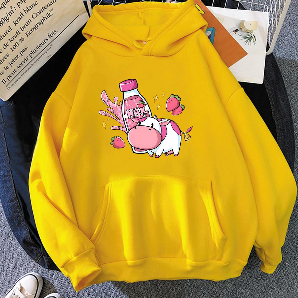 Strawberry Milk Pink Cow Hoodie Oversized Cartoon Printed Sweatshirt Women Warm Hooded Pullovers Harajuku Sweatshirts