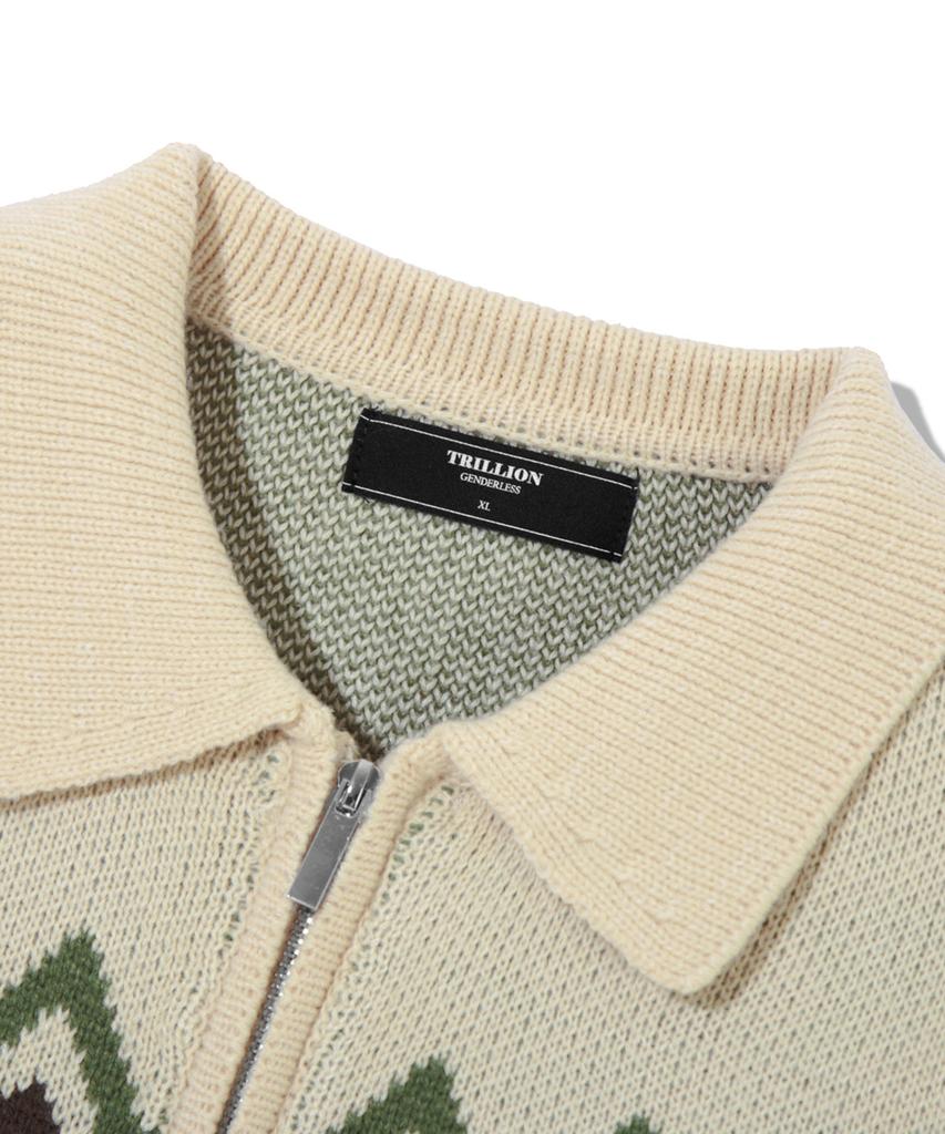 TRILLION Washable Nordic Jacquard Collar Neck 2-Way Zip-Up Knit [Beige]