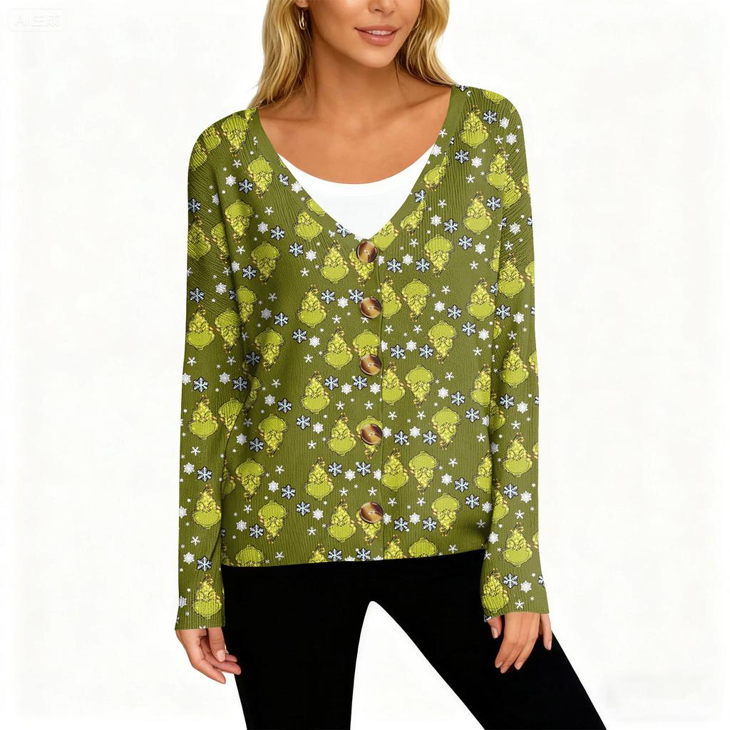 Women's Fashion Long Sleeve Christmas Snowman Snowflake Print Jacket Cardigan