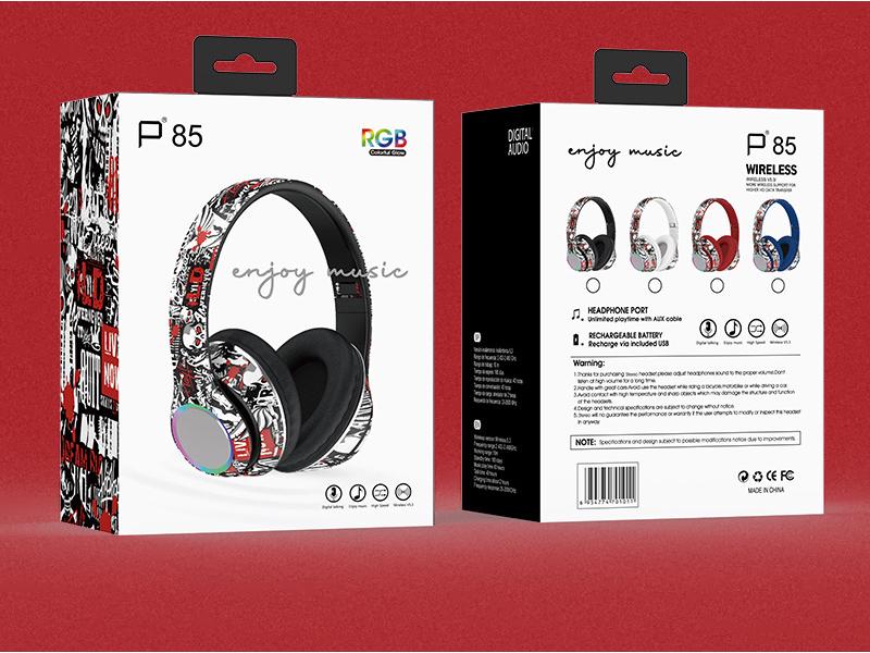 P85 Bluetooth Over-ear Wireless Headset: Colorful Graffiti Design, Cool Luminous RGB, Deep Bass, Foldable.