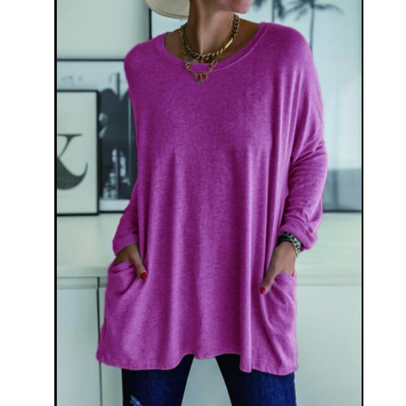 Women's Clothes Autumn Spring Long Sleeve Crew Neck T-shirt Long Sleeve Blouse; Pocket T Shirts for Women; Loose Fit Tops