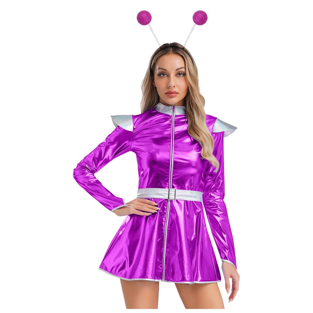 S-XXL Damen Rollenspiel Außerirdischenkleid: Halloween Astronauten Kostüm, Metallisch A-Linie mit Haarreif & Einfachem Frontreißverschluss
