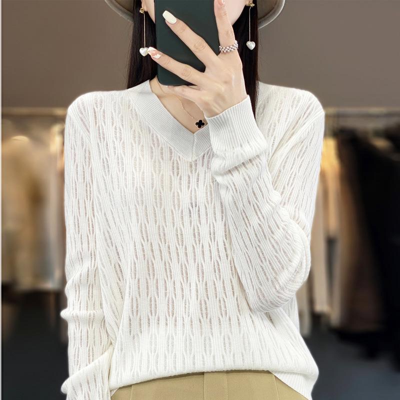 Summer 2025 Women's Plus Size V-Neck Long Sleeve Hollow Out Knit Sweater Cardigan Blouse