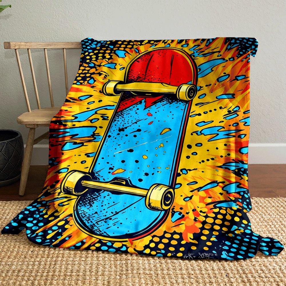 Comic-style skateboard with dynamic yellow, blue, and red splash effects. for all seasons blanket lunch break throw gift
