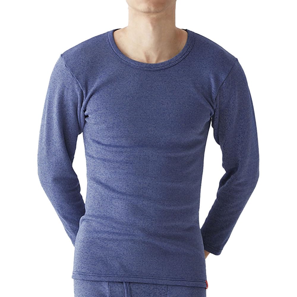 GUNZE Hot Magic Stretch Long Crew Neck Inner L to Japanese Size Fleece-Lined Shirt, Men's Navy/Moc (Equivalent L)