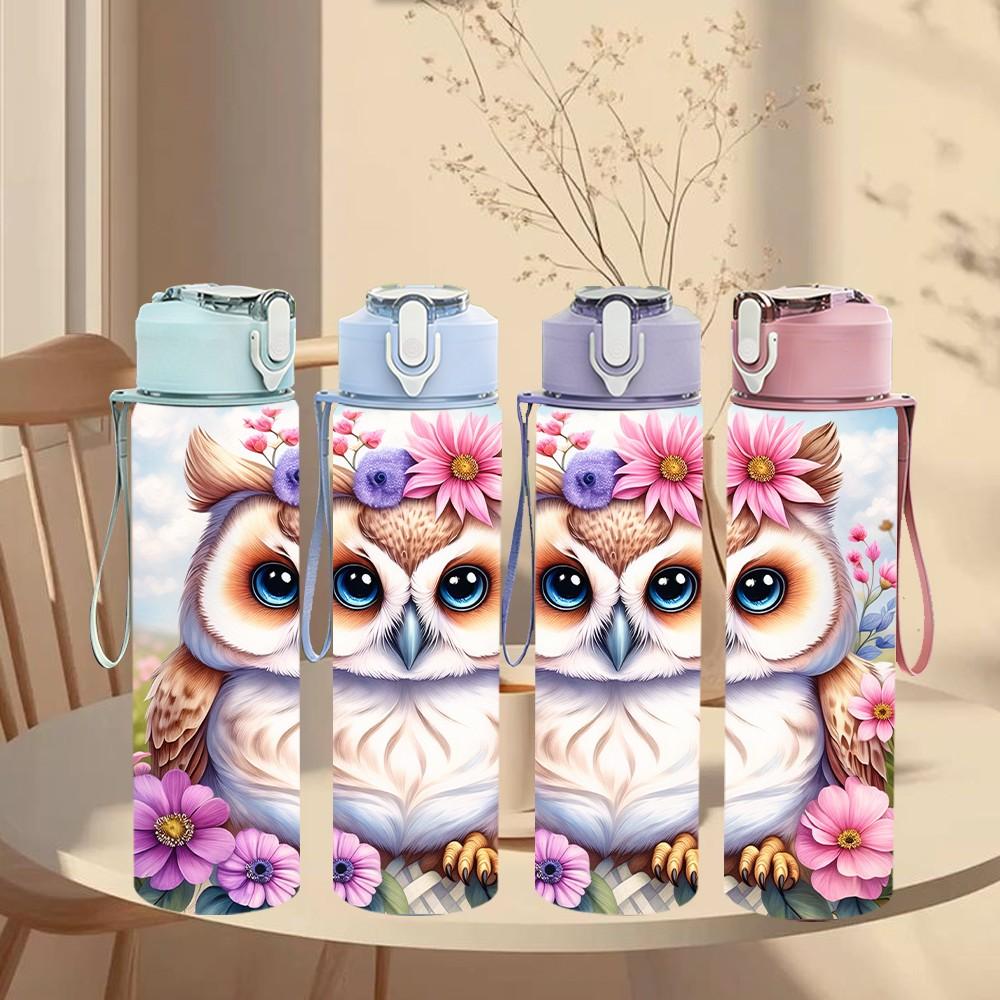 1PC Boho Owl Flower Wild Animal Portrait 750ml Color Plastic Sports Water Bottle Leakproof Flip Straw Lid Suitable for Sports Office Home Use