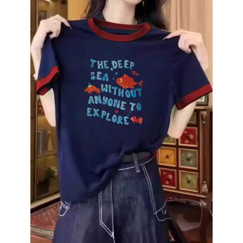 

150kg Plus-Size Women s Pure Cotton Color-Blocked Short-Sleeve T-Shirt 2026 New Style Fashionable Top for Plus-Size Women Burgundy and Navy Blue (Fish Swimming) L 50-60kg