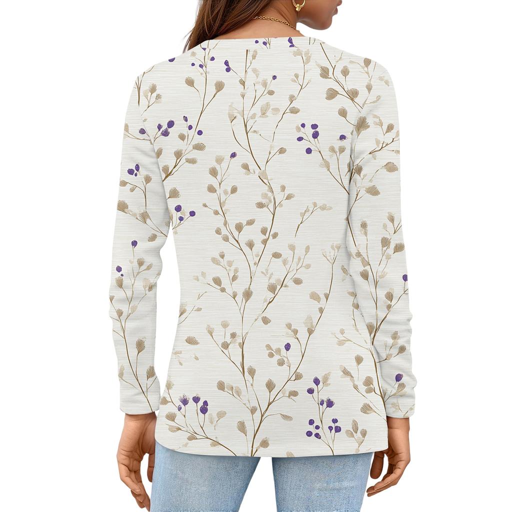 Dámská móda Květinový potisk Krk Dlouhý rukáv Pulovr Top