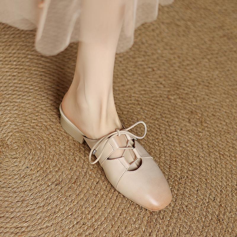 Fashion New Summer Women Mules Genuine Leather Shoes for Women Round Toe Low Heel Shoes Cover Toe Slip-on Women Sandals Retro Slippers